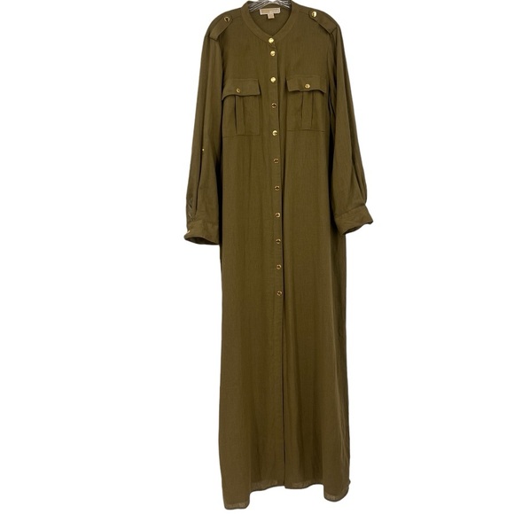 MICHAEL Michael Kors Utility Maxi Shirt Roll Tab Sleeves Snap green Linen Dress - Picture 3 of 9